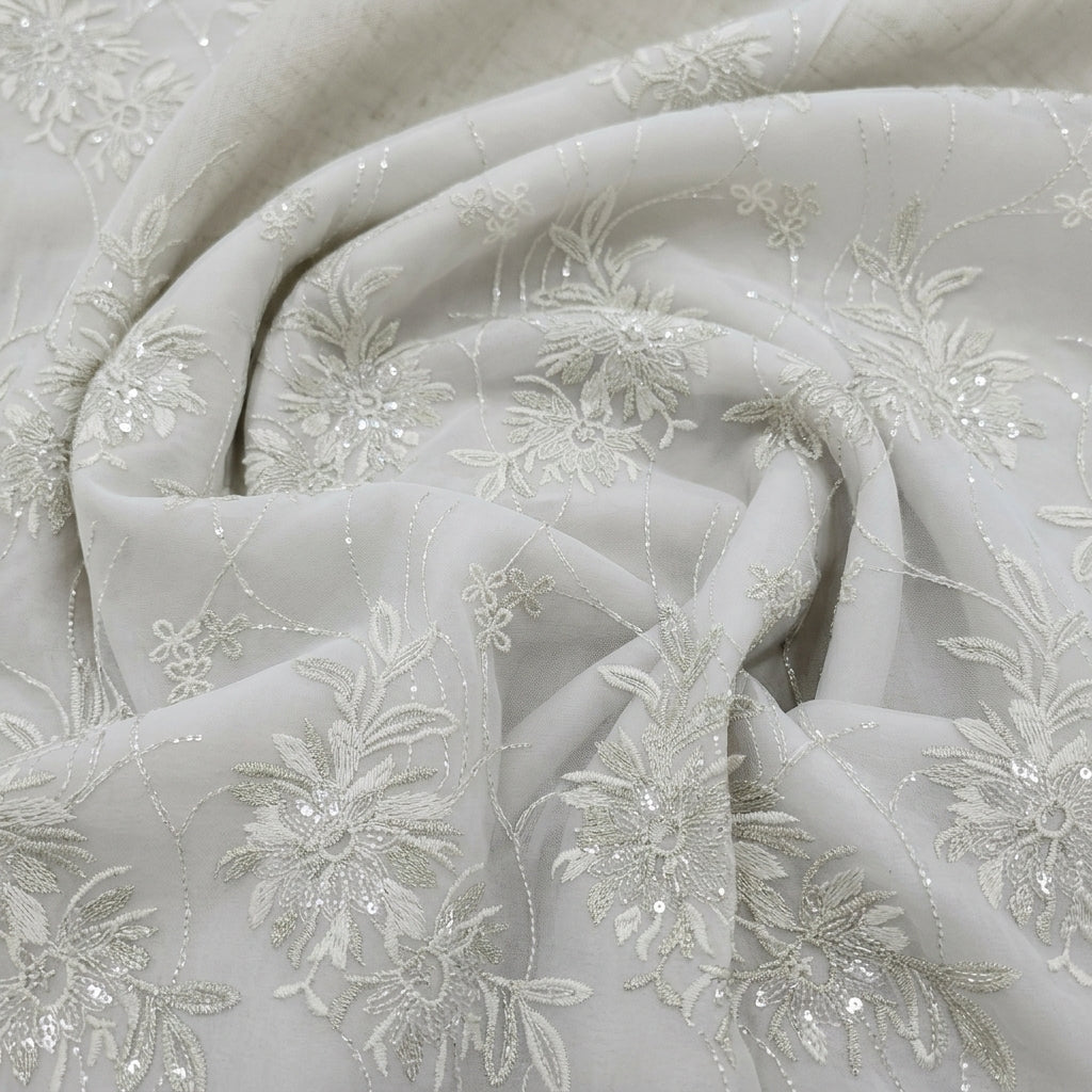 Swirled Embroidery Cream Embroidery Georgette Fabric