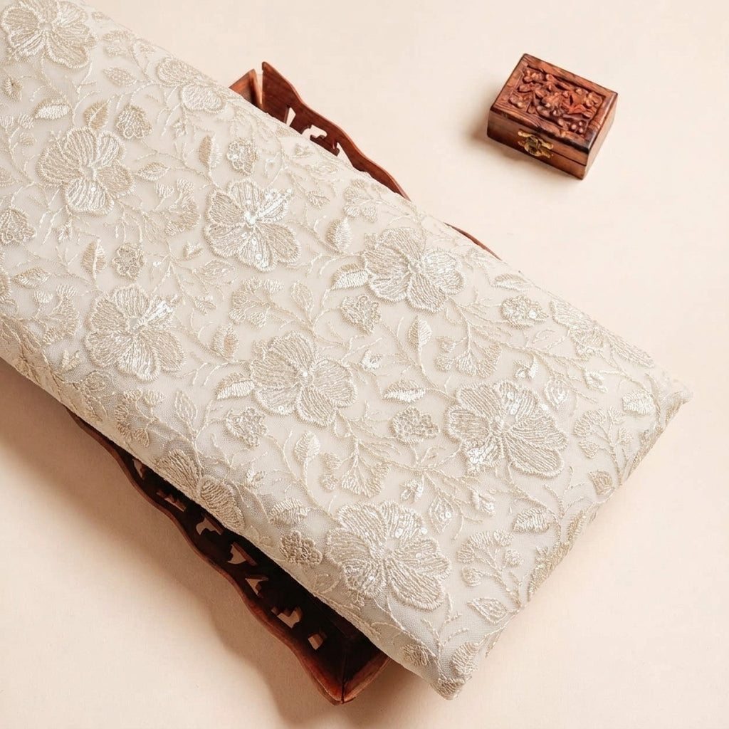 Folded Beige Embroidery Georgette Fabric Highlighting Sequin and Texture