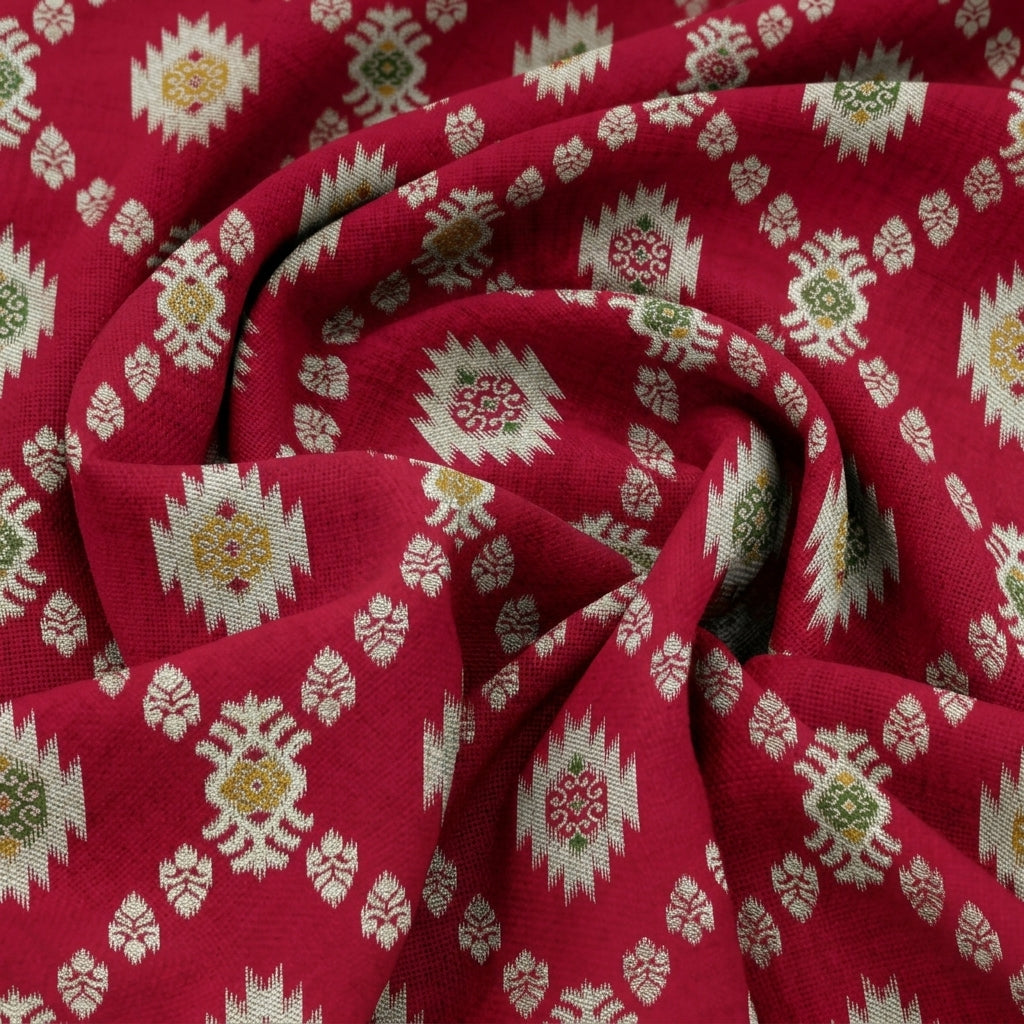 Swirled Ikat Red Ikat Semi Banaras Fabric
