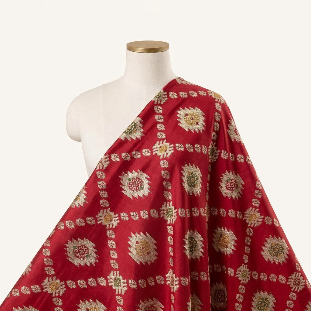 Ikat Red Ikat Semi Banaras Fabric Draped as a saree