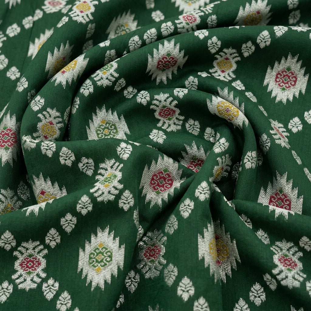 Swirled Ikat Green Ikat Semi Banaras Fabric