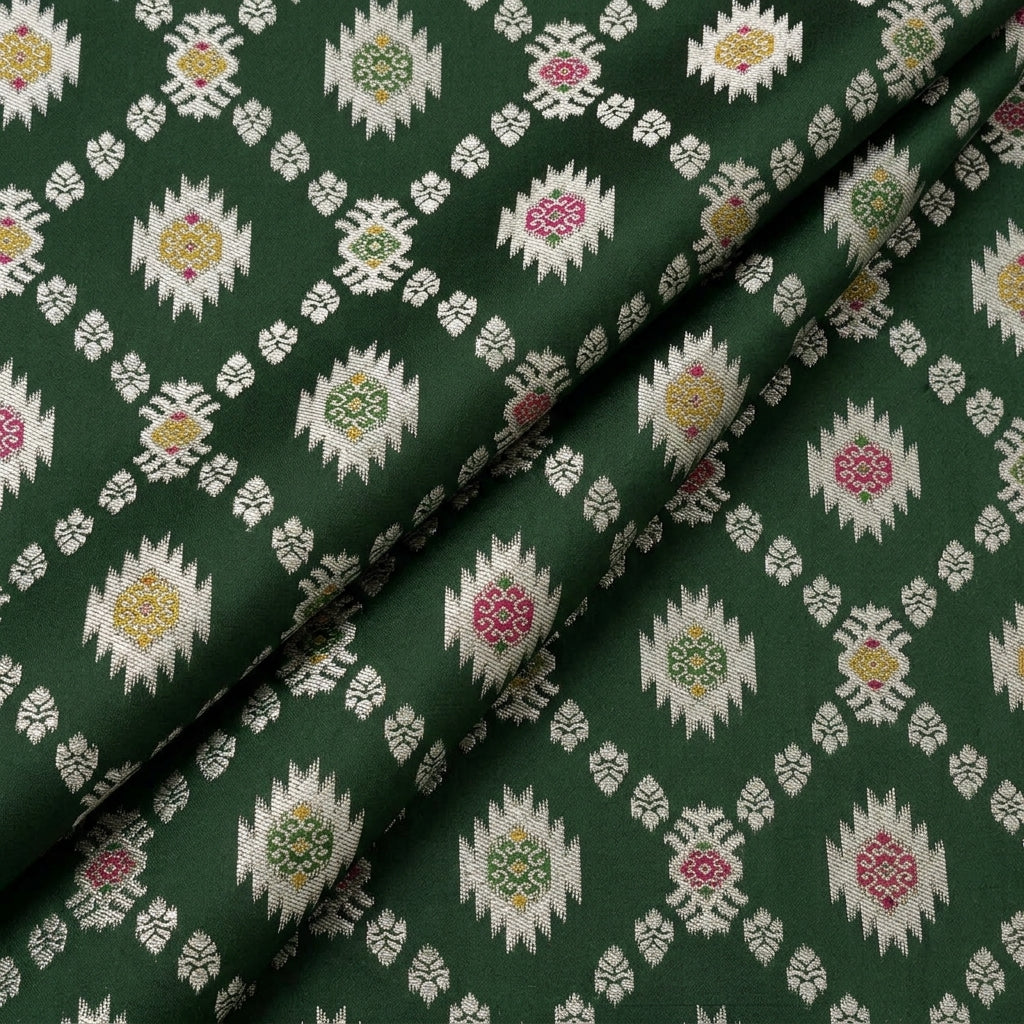 Folded Ikat Green Ikat Semi Banaras Fabric