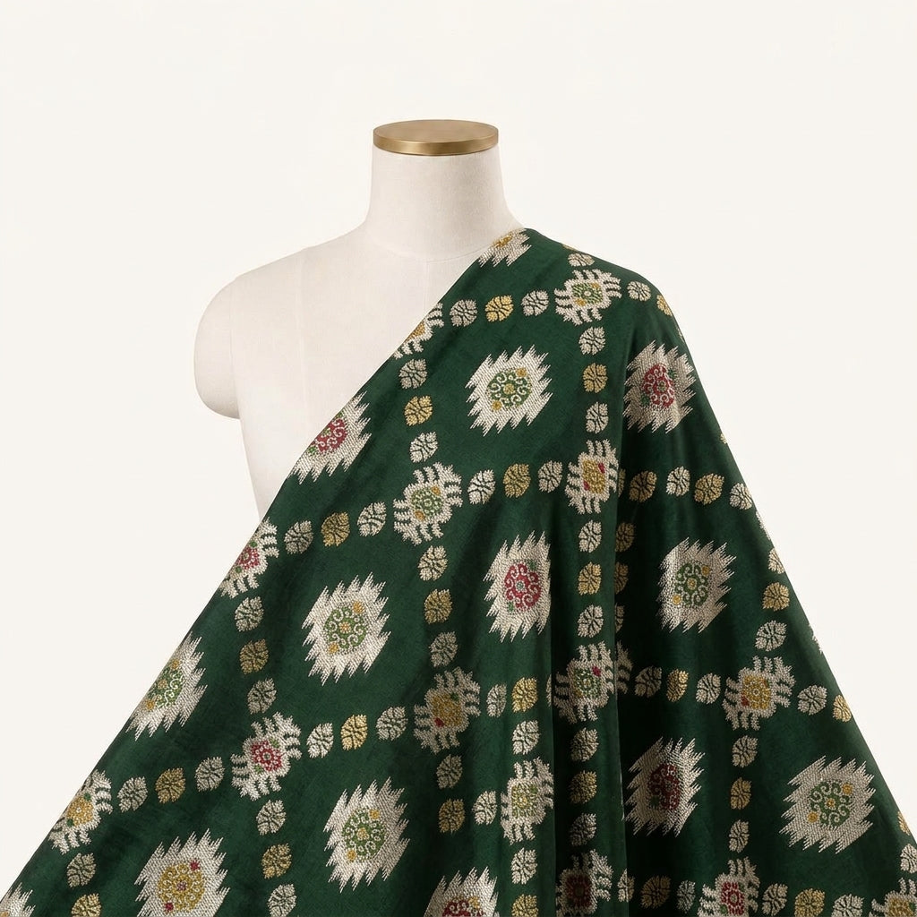 Ikat Green Ikat Semi Banaras Fabric Draped as a saree