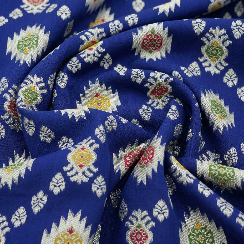 Swirled Ikat Dark Blue Ikat Semi Banaras Fabric