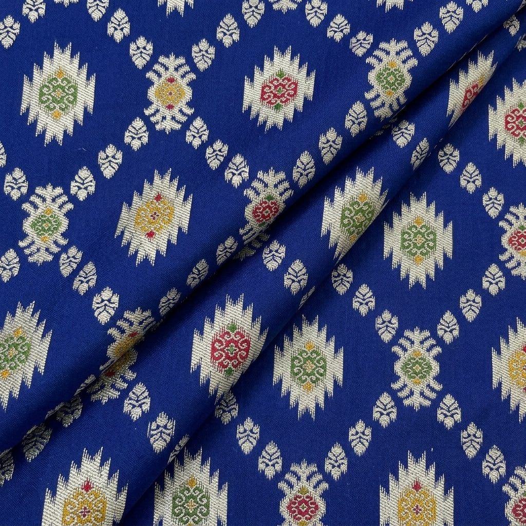 Folded Ikat Dark Blue Ikat Semi Banaras Fabric