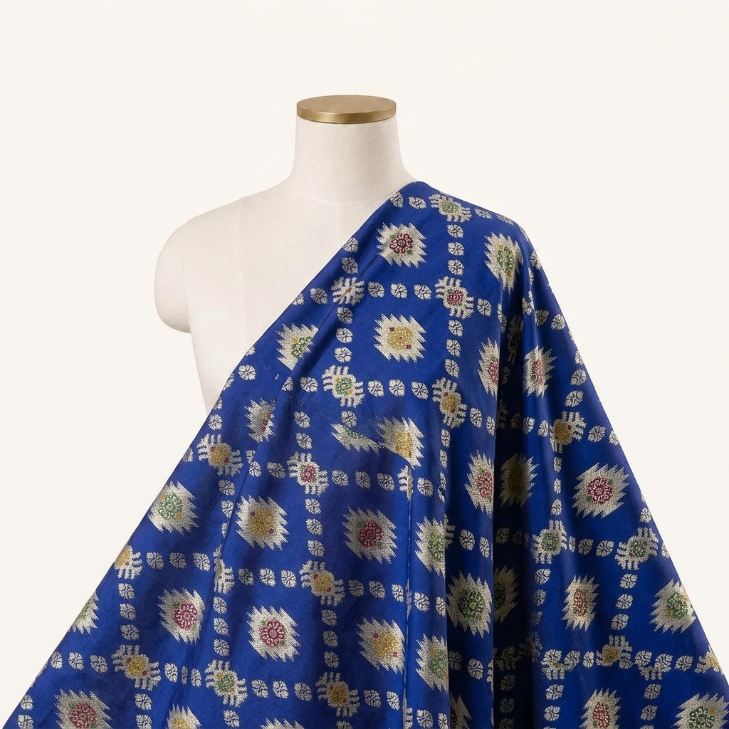 Ikat Dark Blue Ikat Semi Banaras Fabric Draped as a saree