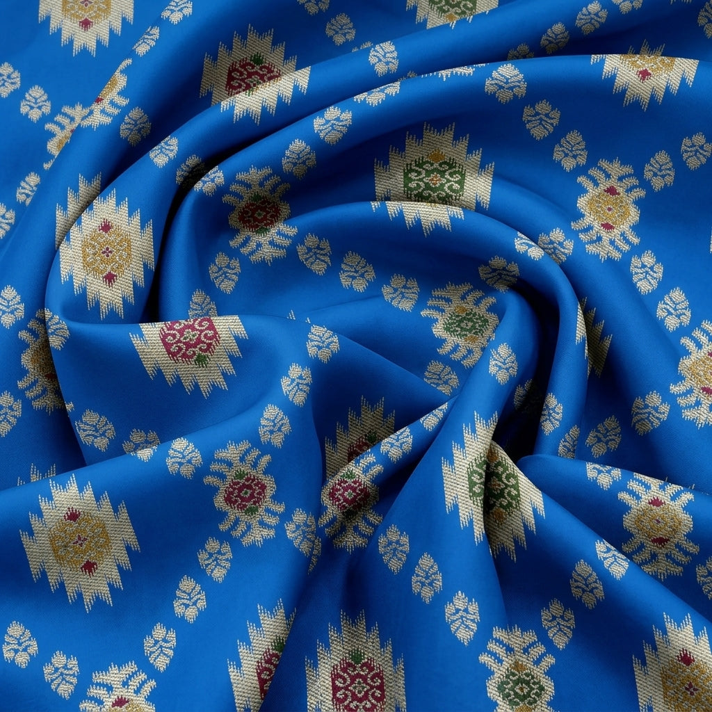 Swirled Ikat Blue Ikat Semi Banaras Fabric