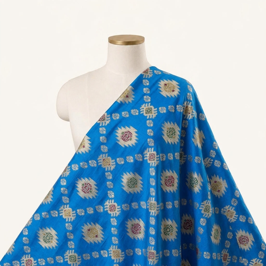 Ikat Blue Ikat Semi Banaras Fabric Draped as a saree