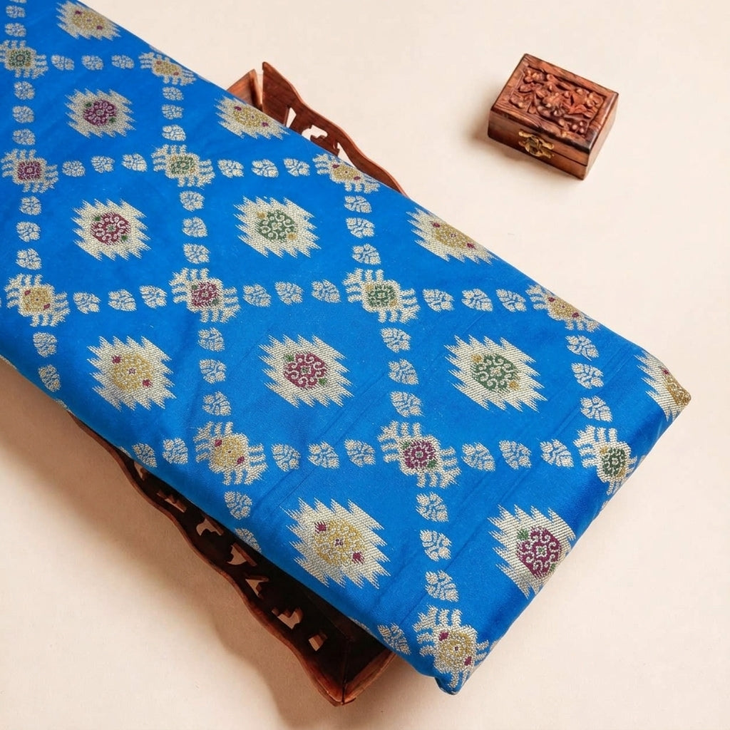 Folded Blue Ikat Semi Banaras Fabric Highlighting and Texture