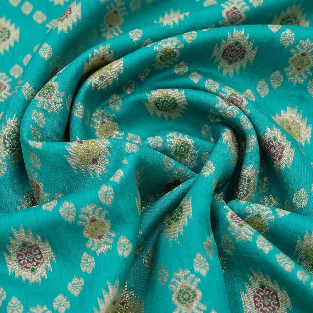 Swirled Ikat Green Ikat Semi Banaras Fabric