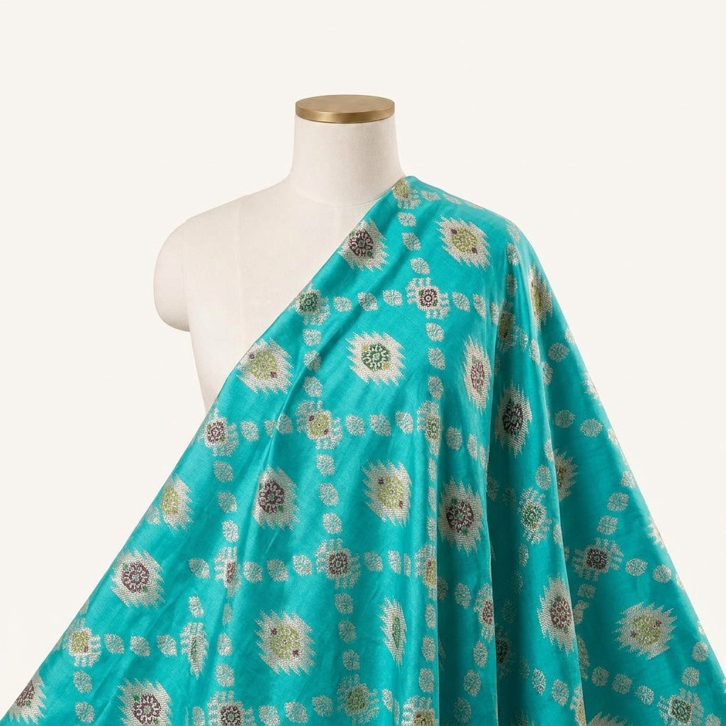 Ikat Green Ikat Semi Banaras Fabric Draped as a saree