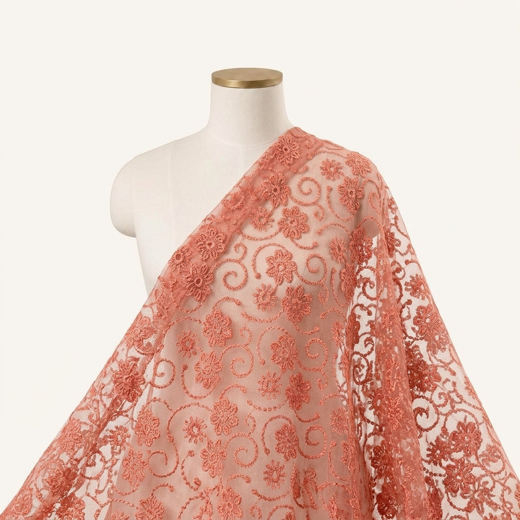 Embroidery Red Embroidery Lace Fabric Draped as a saree