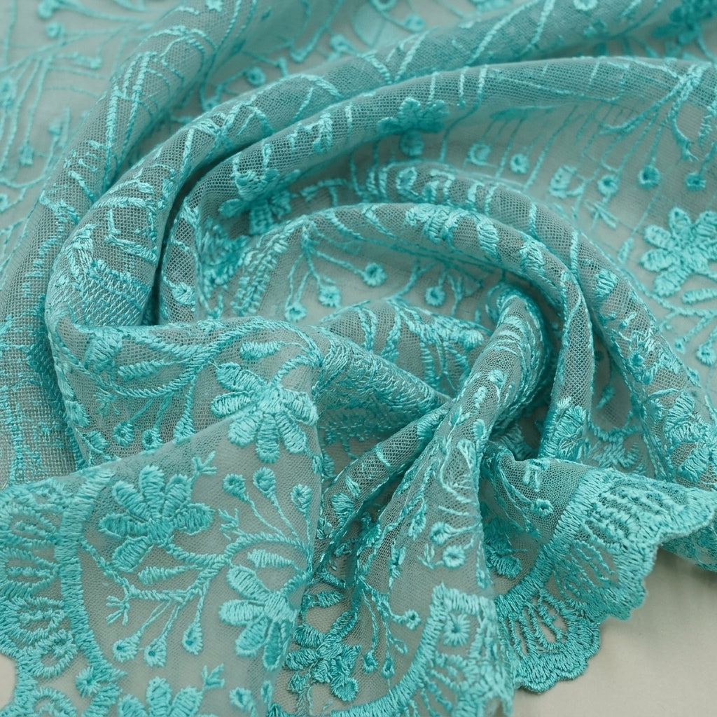 Swirled Embroidery Green Embroidery Lace Fabric