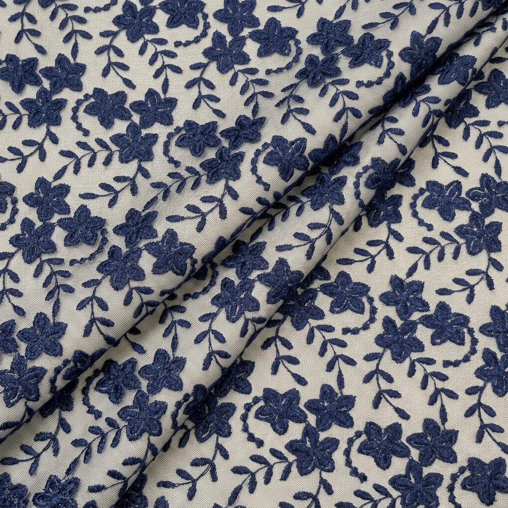Folded Embroidery Dark Blue Embroidery Lace Fabric