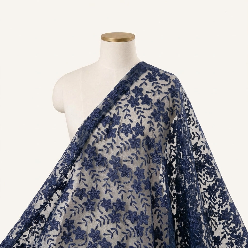 Embroidery Dark Blue Embroidery Lace Fabric Draped as a saree