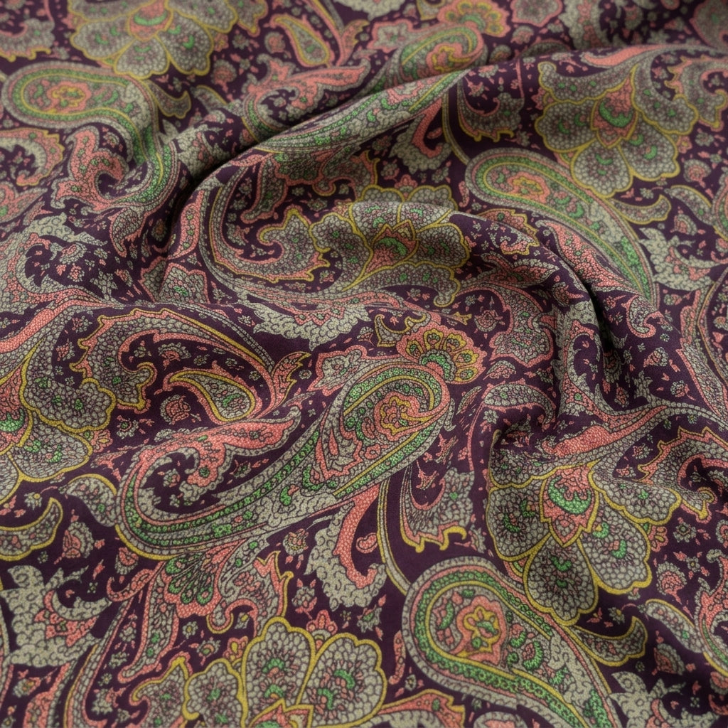 Swirled Paisley Purple Paisley Crepe Fabric