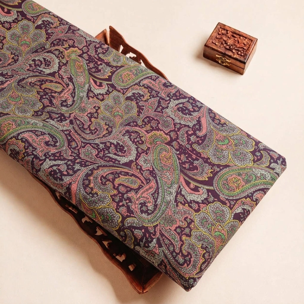 Folded Purple Paisley Crepe Fabric Highlighting and Texture