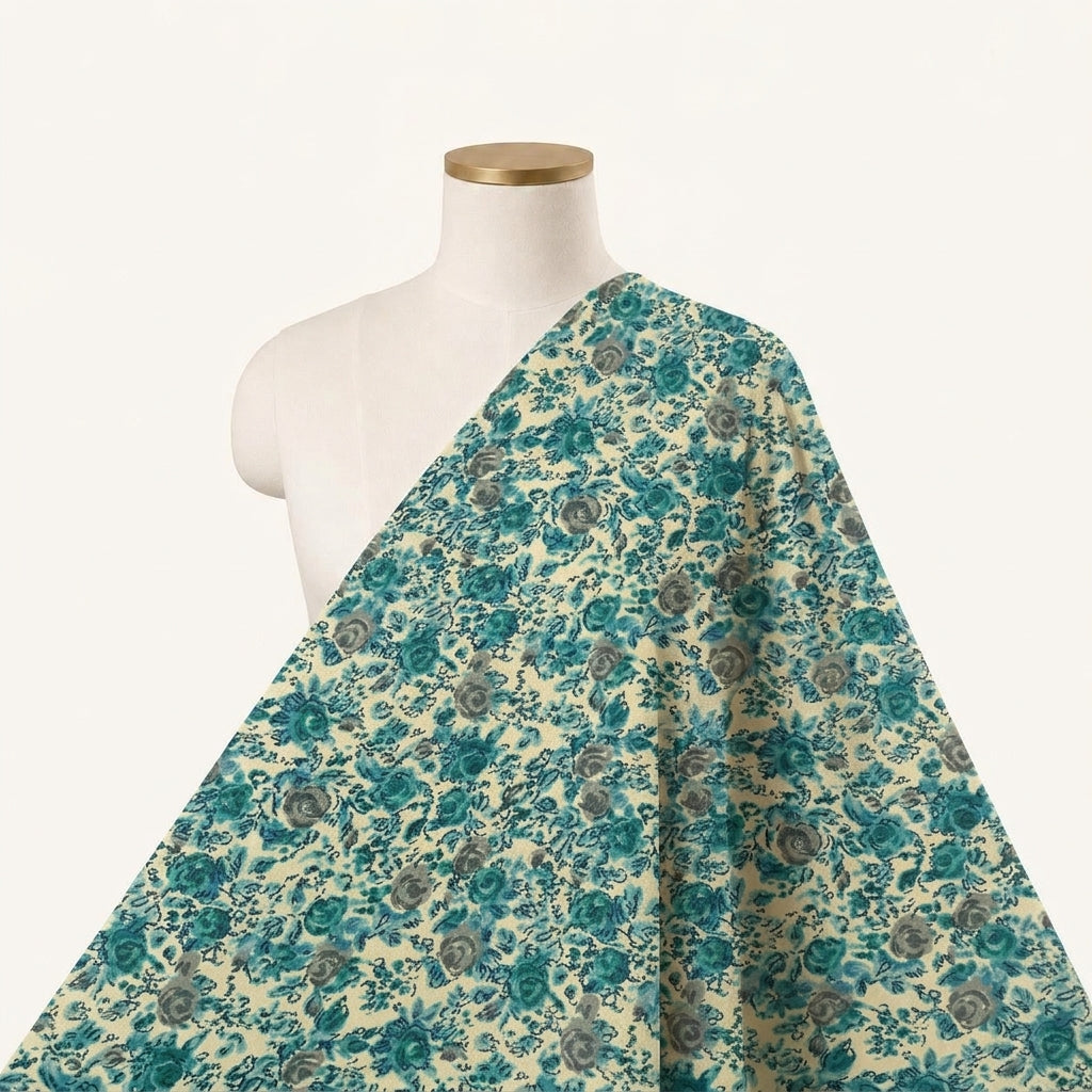 Floral Cream Floral Crepe Fabric Draped as a saree