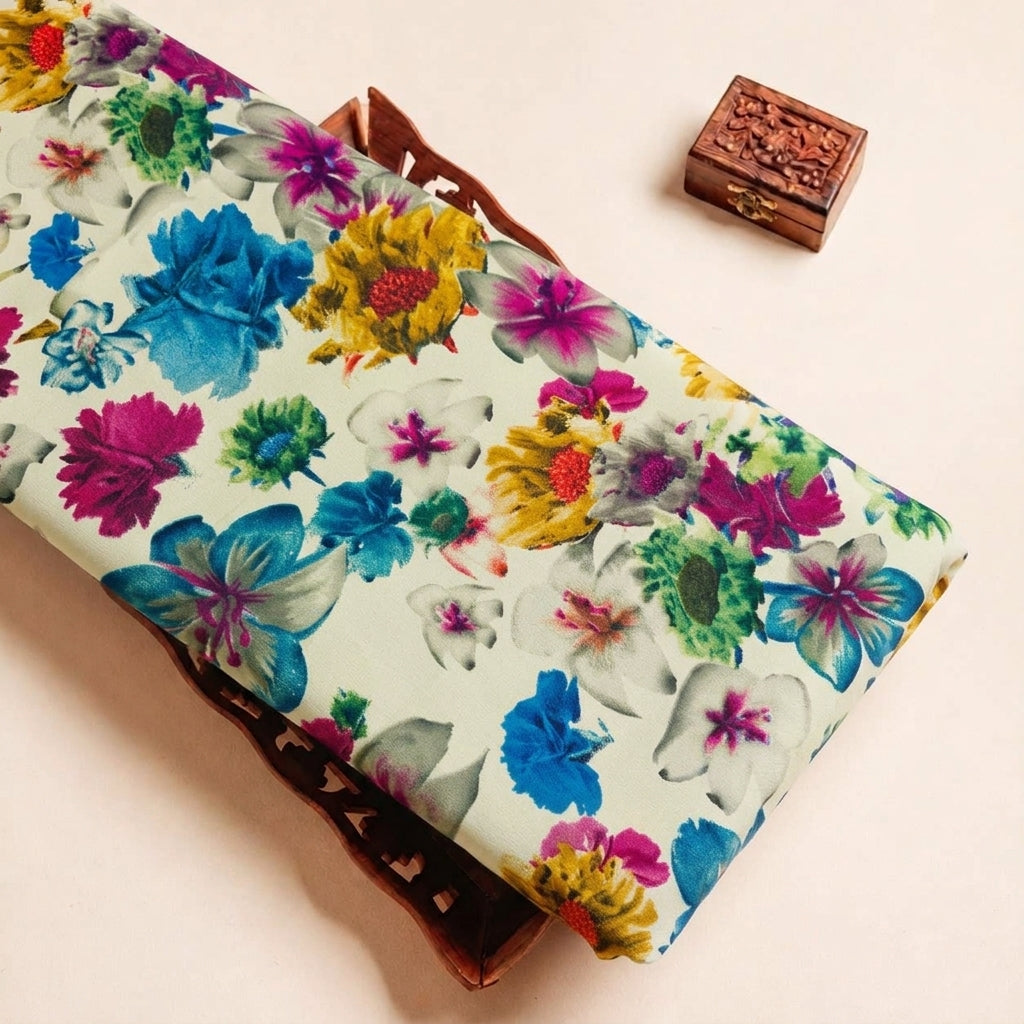 Folded Green Floral Crepe Fabric Highlighting and Texture