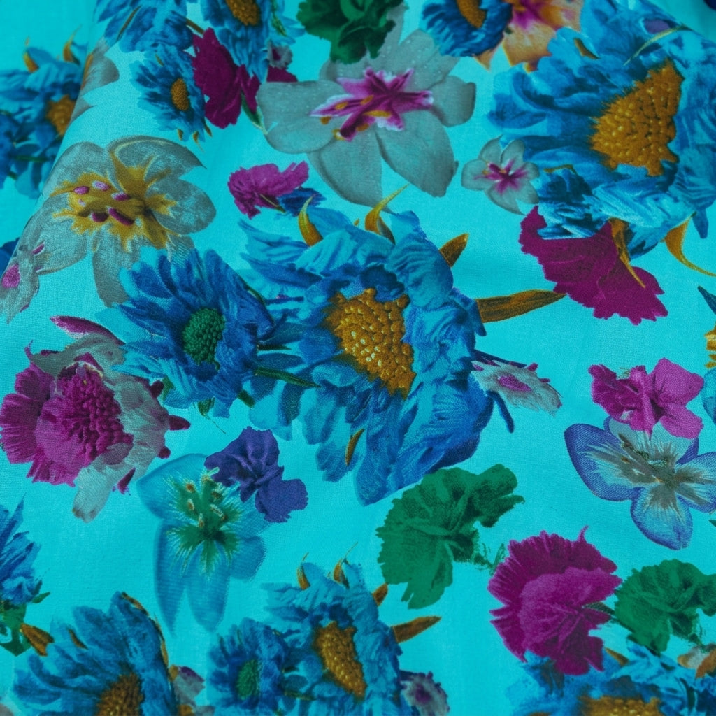 Swirled Floral Blue Floral Crepe Fabric