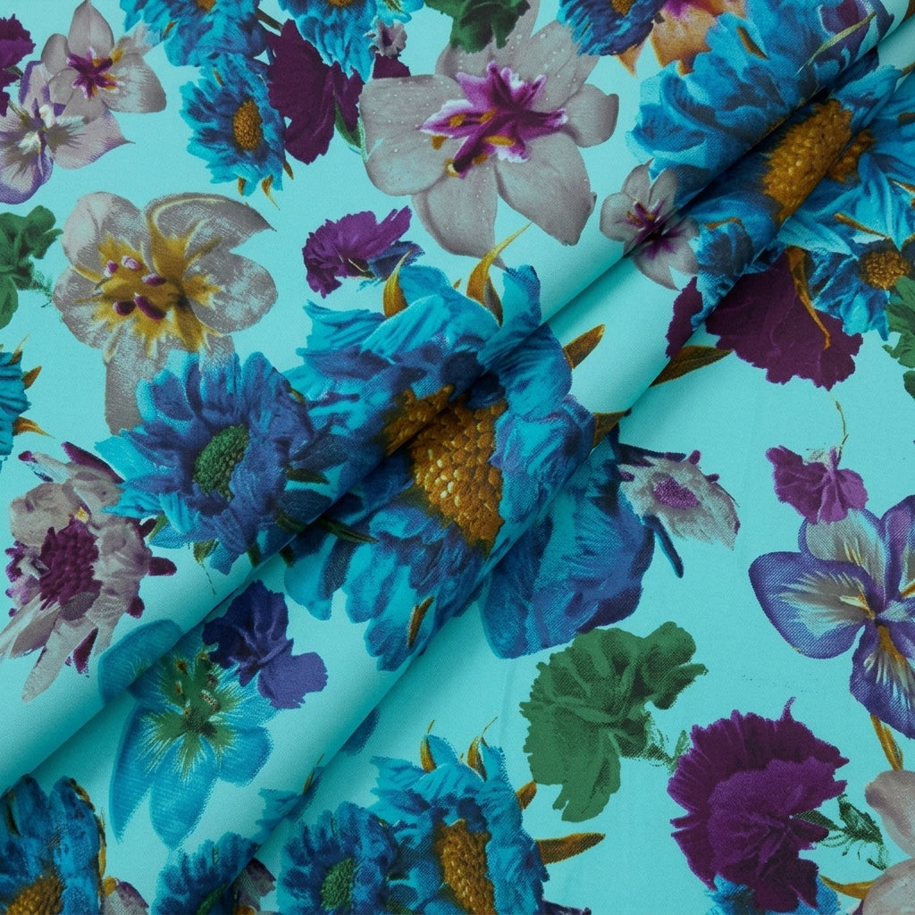 Folded Floral Blue Floral Crepe Fabric