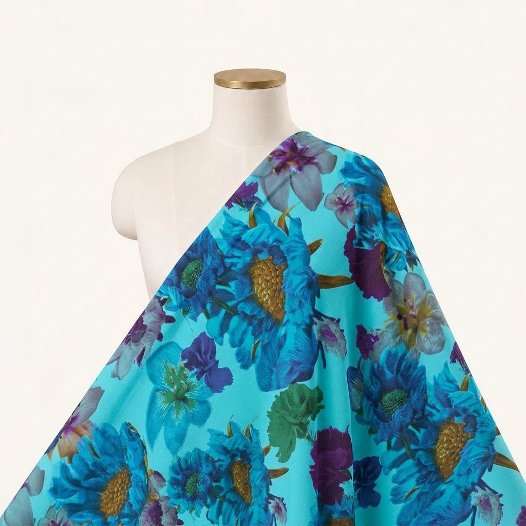 Floral Blue Floral Crepe Fabric Draped as a saree