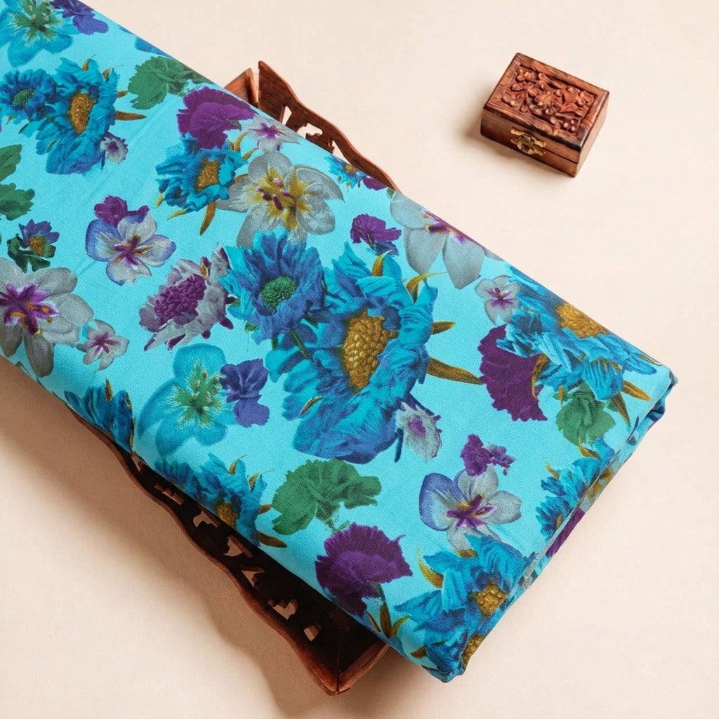 Folded Blue Floral Crepe Fabric Highlighting and Texture