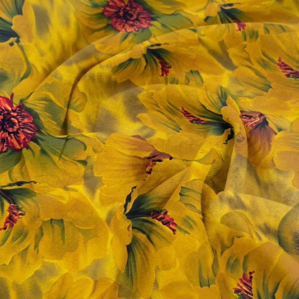 Swirled Floral Mustard Yellow Floral Crepe Fabric