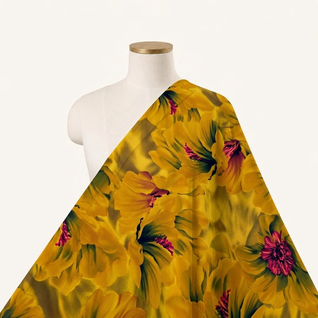 Floral Mustard Yellow Floral Crepe Fabric Draped as a saree