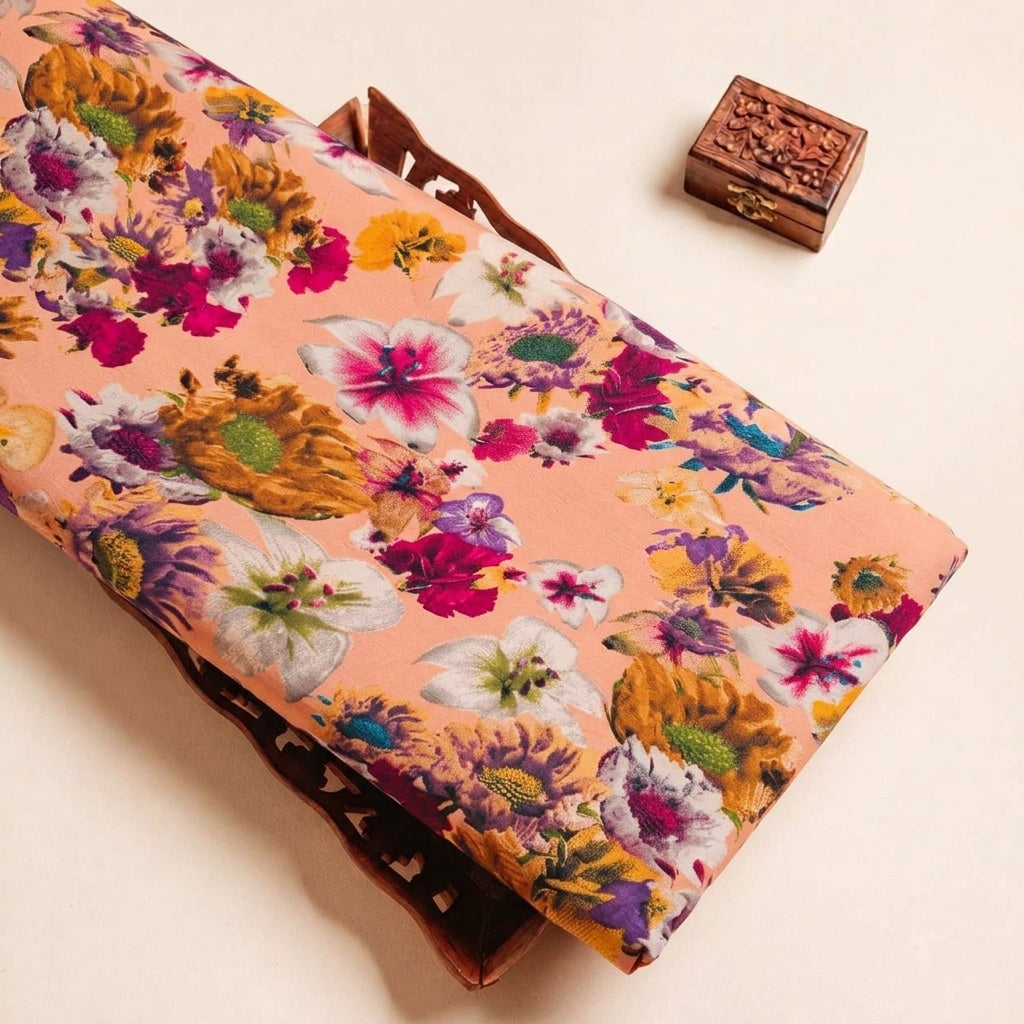 Folded Beige Floral Crepe Fabric Highlighting and Texture