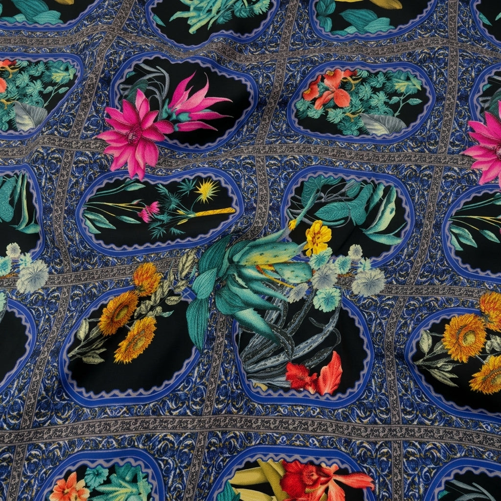 Swirled Floral Blue Floral Crepe Fabric