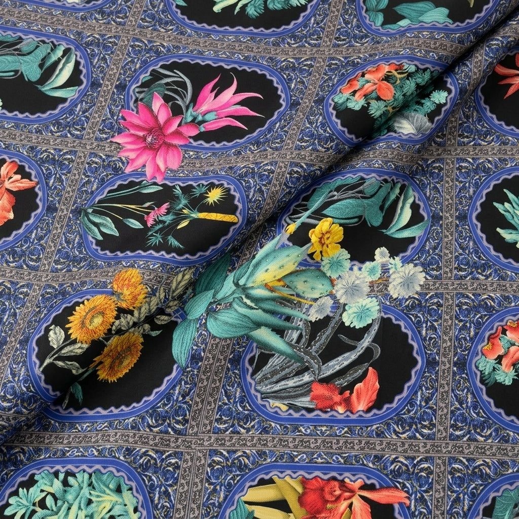 Folded Floral Blue Floral Crepe Fabric