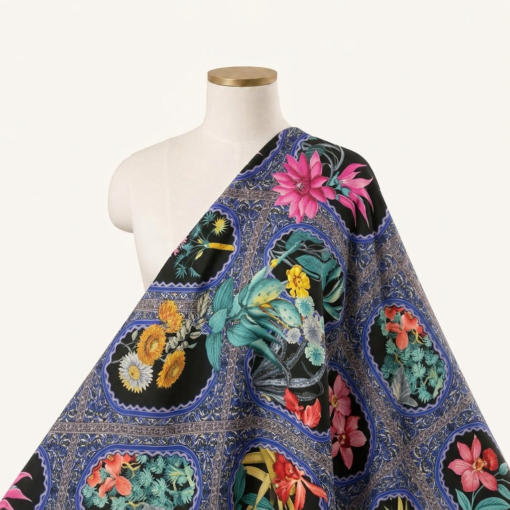 Floral Blue Floral Crepe Fabric Draped as a saree