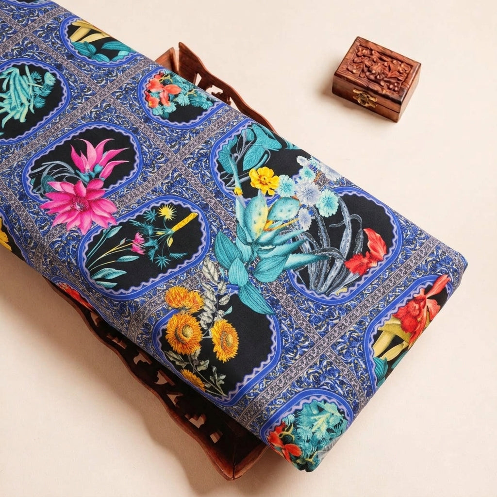 Folded Blue Floral Crepe Fabric Highlighting and Texture