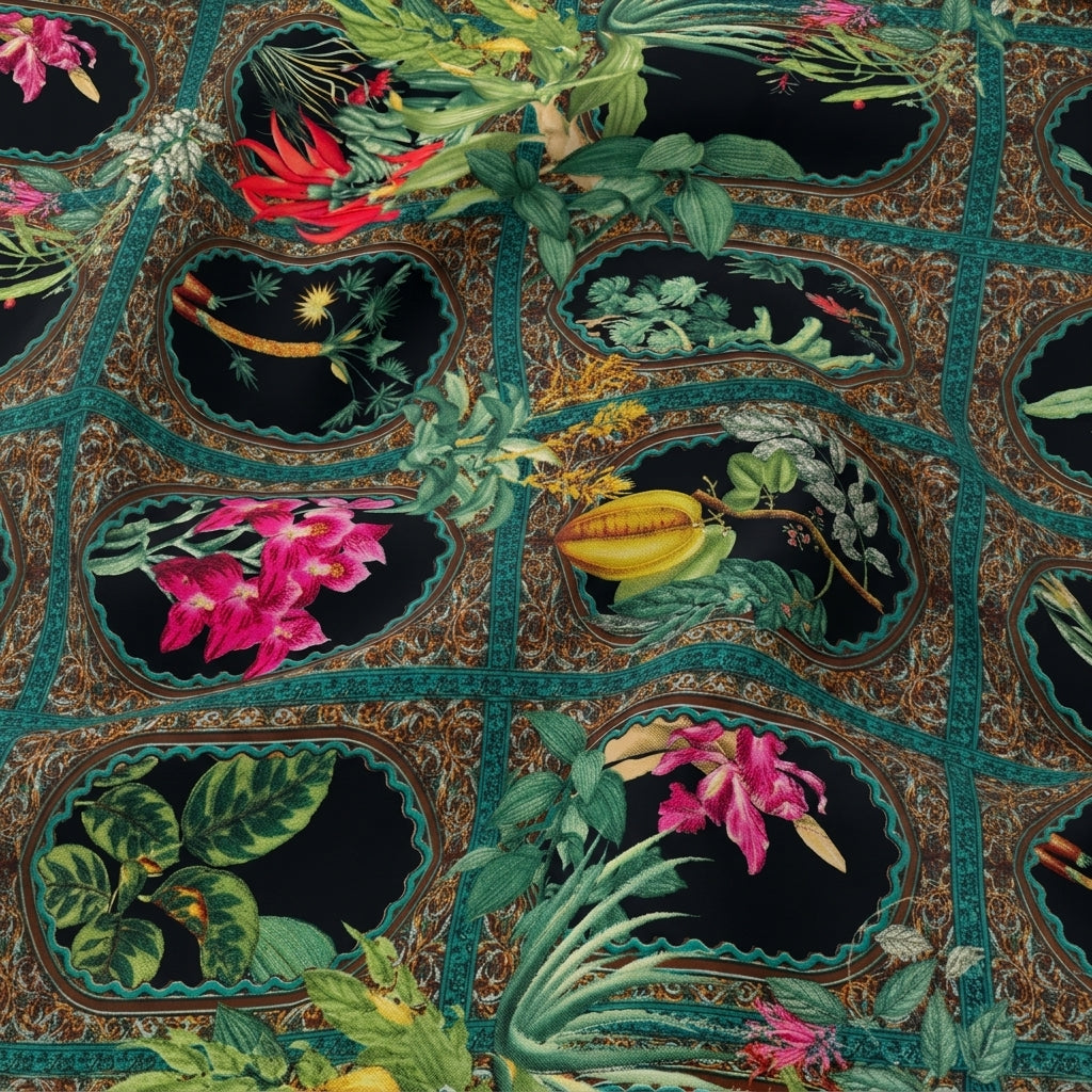 Swirled Floral Dark Green Floral Crepe Fabric