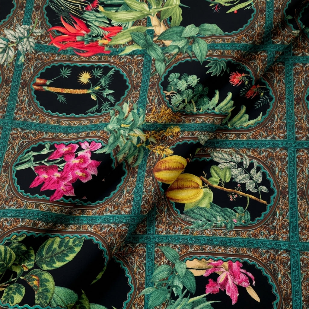 Folded Floral Dark Green Floral Crepe Fabric