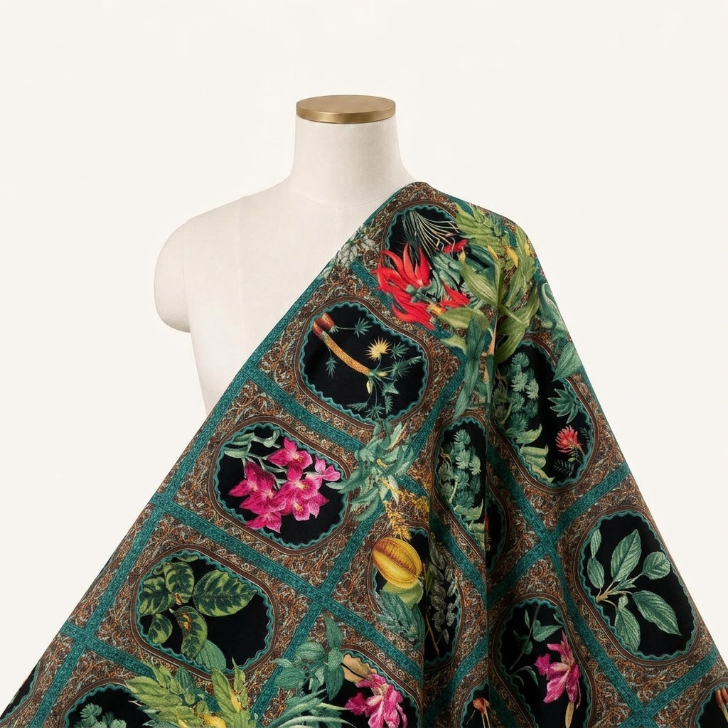 Floral Dark Green Floral Crepe Fabric Draped as a saree