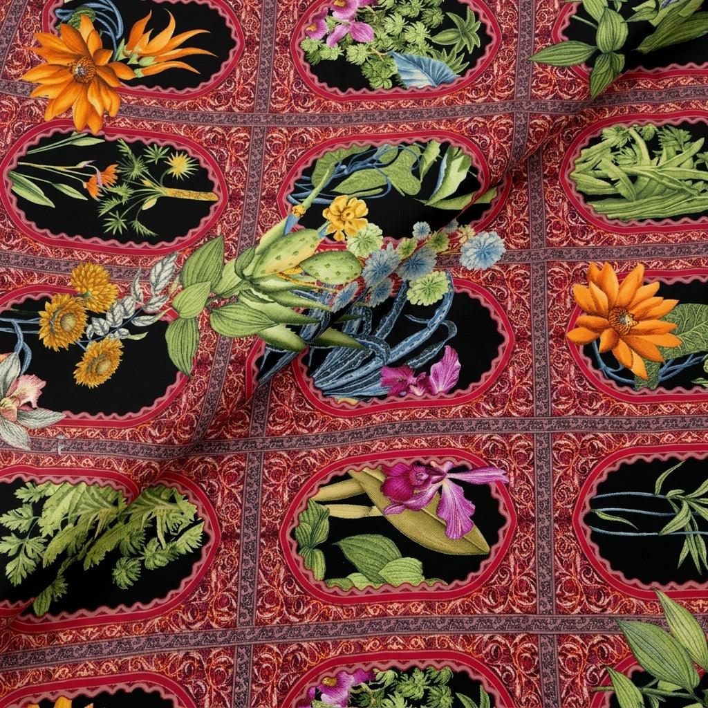 Folded Floral Maroon Floral Crepe Fabric