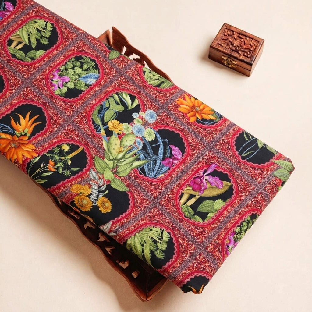 Folded Maroon Floral Crepe Fabric Highlighting and Texture