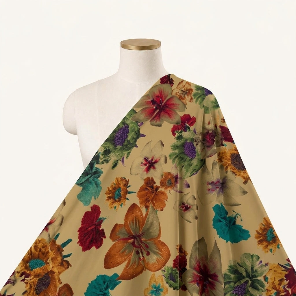 Floral Cream Floral Crepe Fabric Draped as a saree