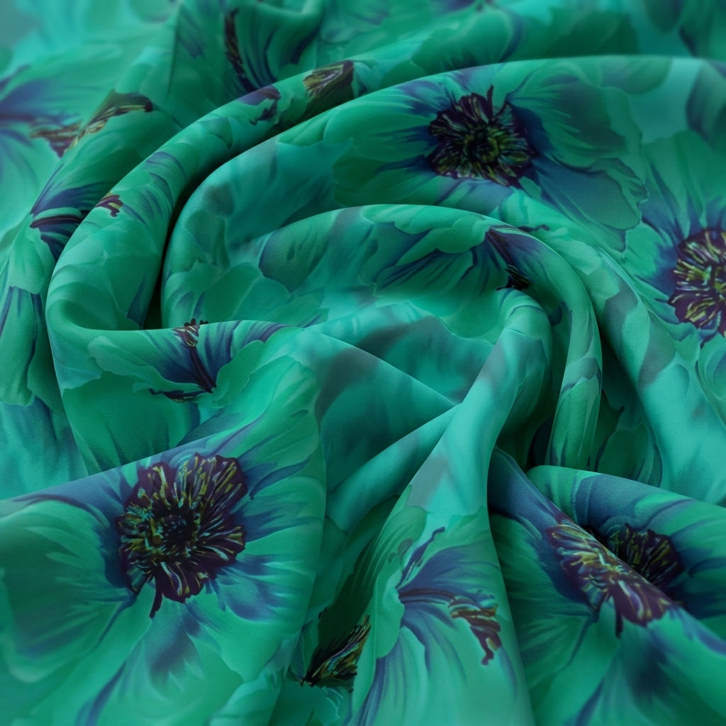 Swirled Floral Green Floral Crepe Fabric