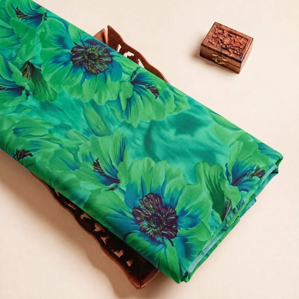 Folded Green Floral Crepe Fabric Highlighting and Texture