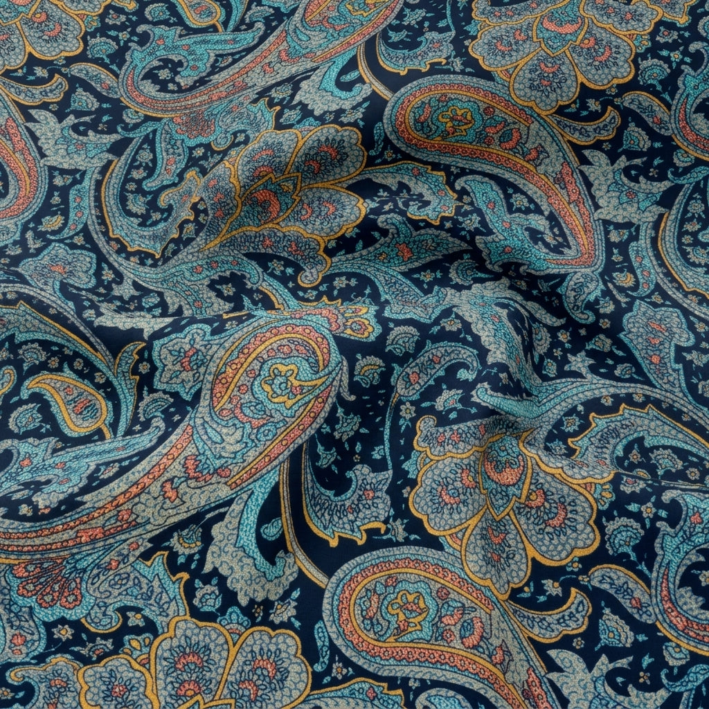 Swirled Paisley Navy Blue Paisley Crepe Fabric