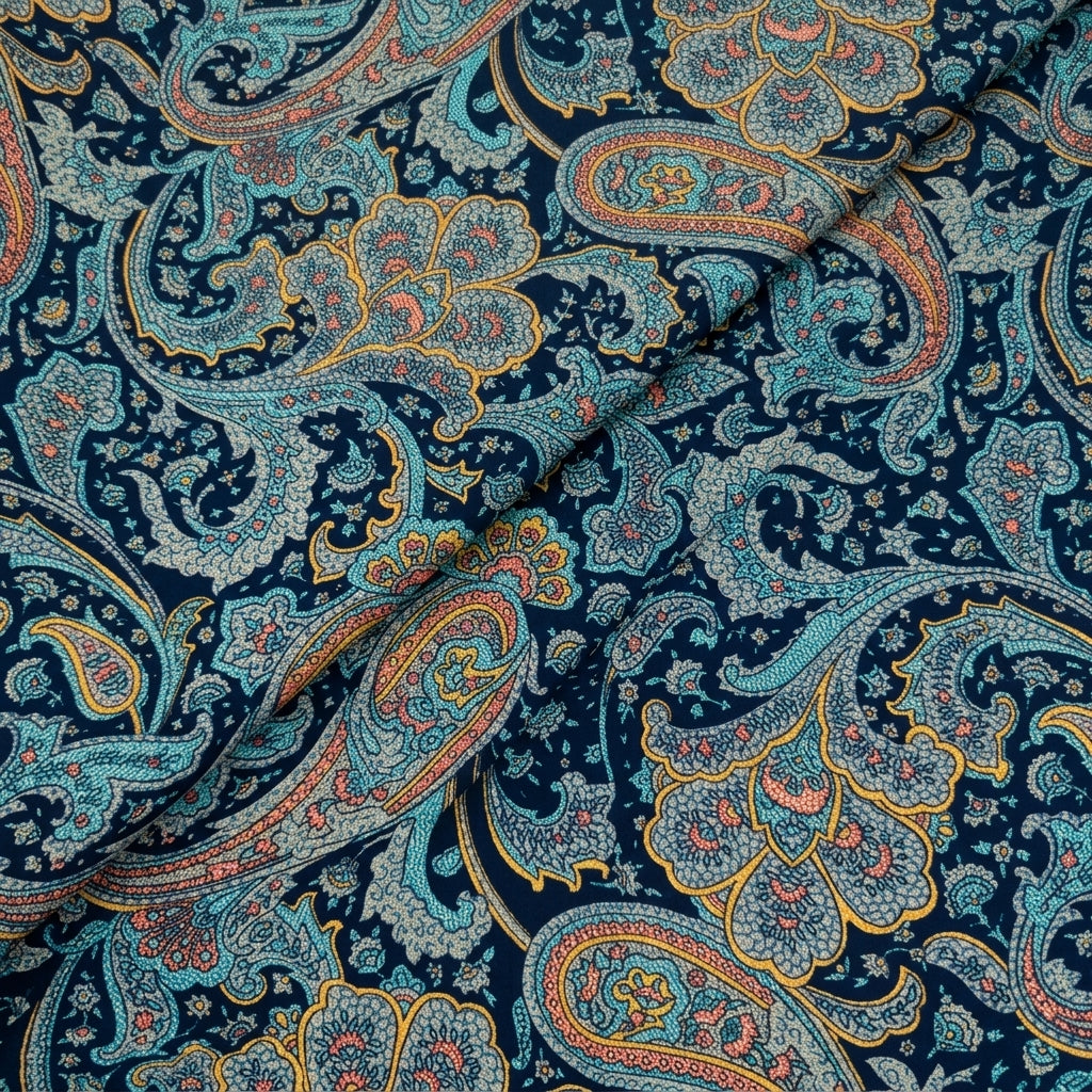 Folded Paisley Navy Blue Paisley Crepe Fabric