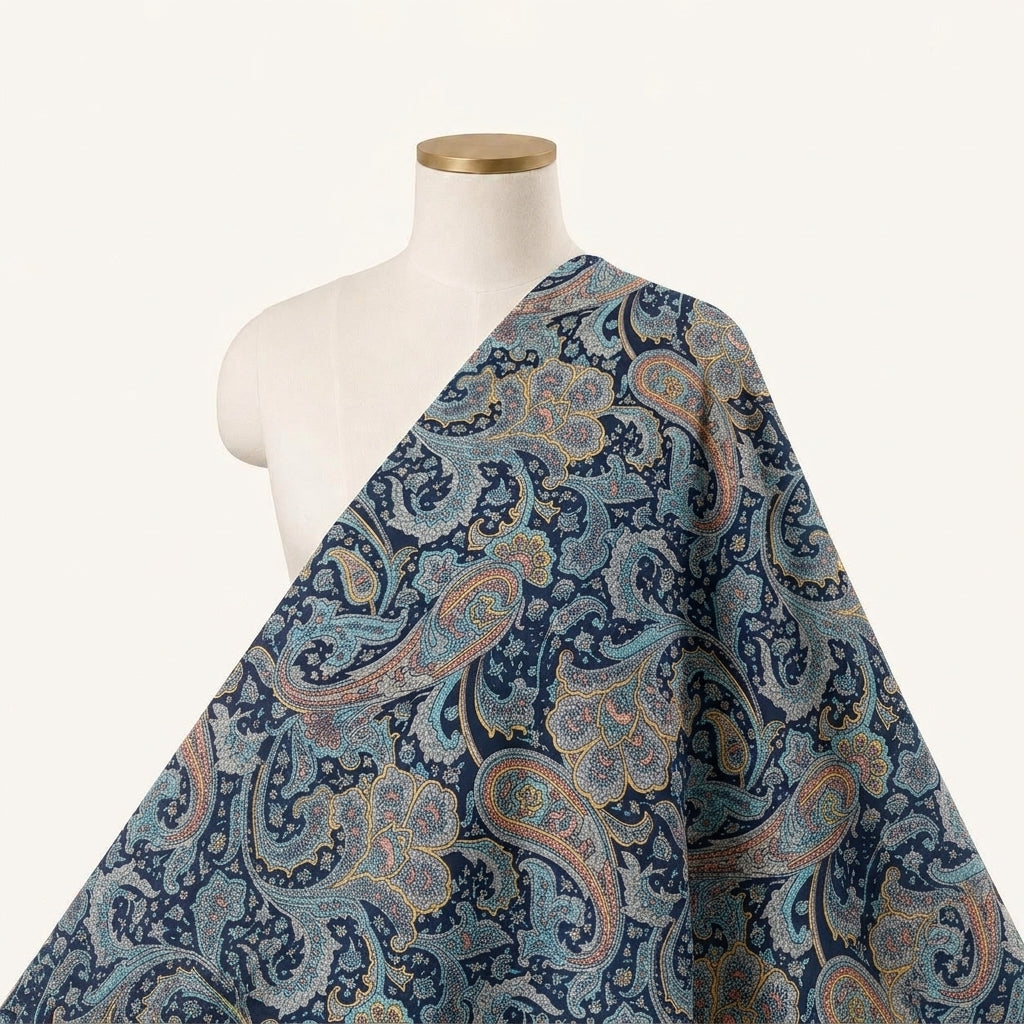 Paisley Navy Blue Paisley Crepe Fabric Draped as a saree