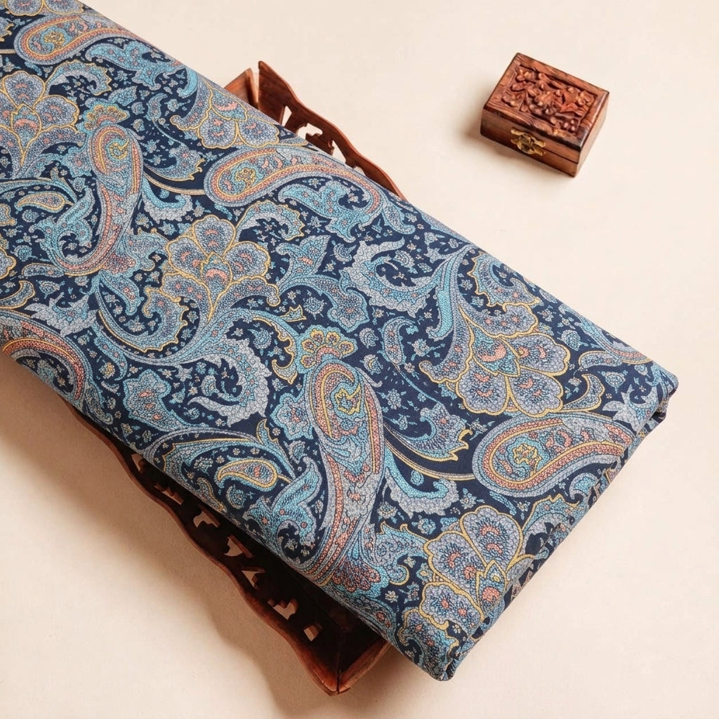 Folded Navy Blue Paisley Crepe Fabric Highlighting and Texture