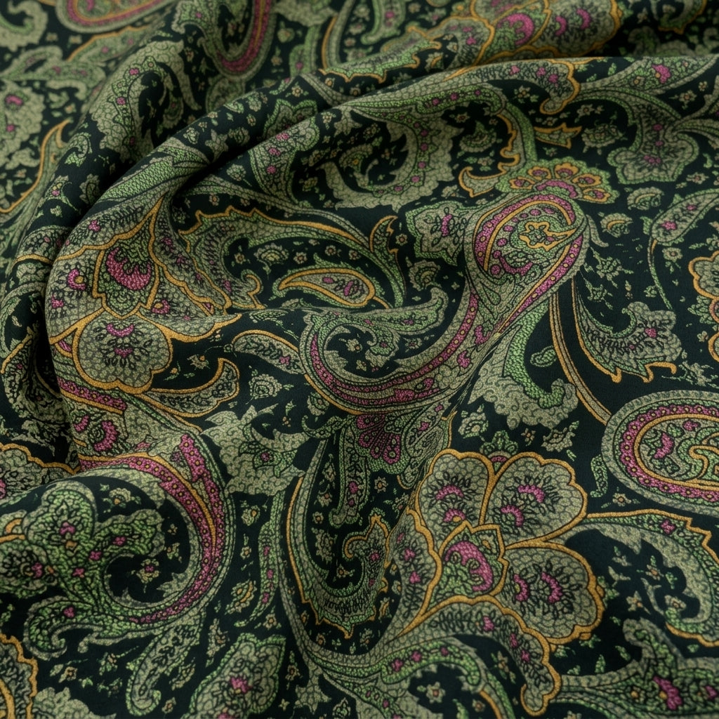 Swirled Paisley Green Paisley Crepe Fabric