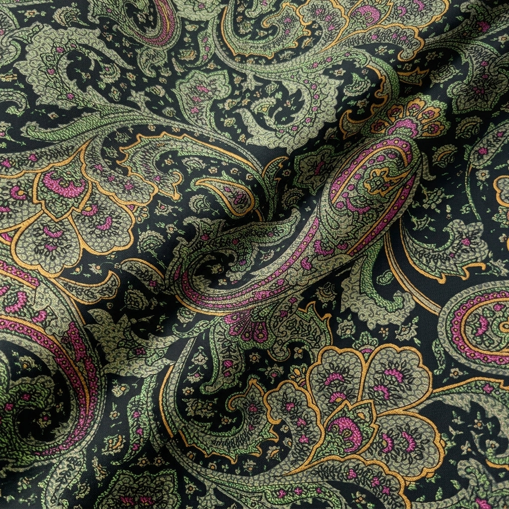 Folded Paisley Green Paisley Crepe Fabric