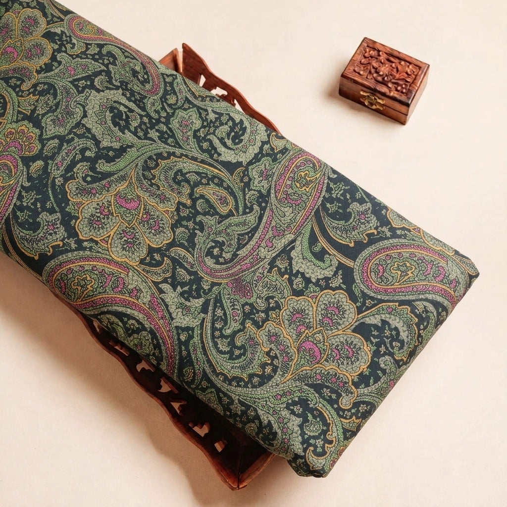 Folded Green Paisley Crepe Fabric Highlighting and Texture