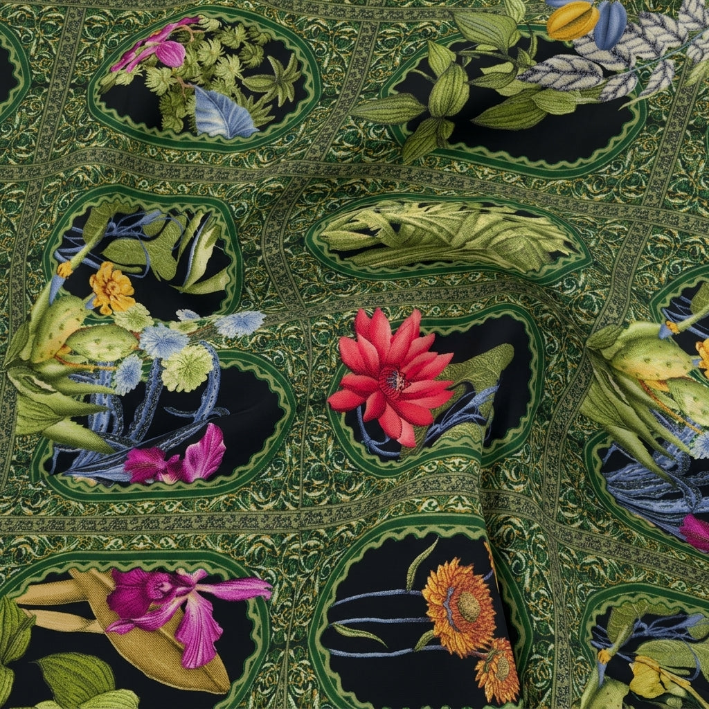 Swirled Floral Green Floral Crepe Fabric